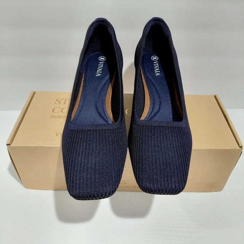 Vivaia Melody 2.0 Navy Blue Ribbed Knit Square Toe Block Heel Pumps Size 39 - Picture 11 of 11